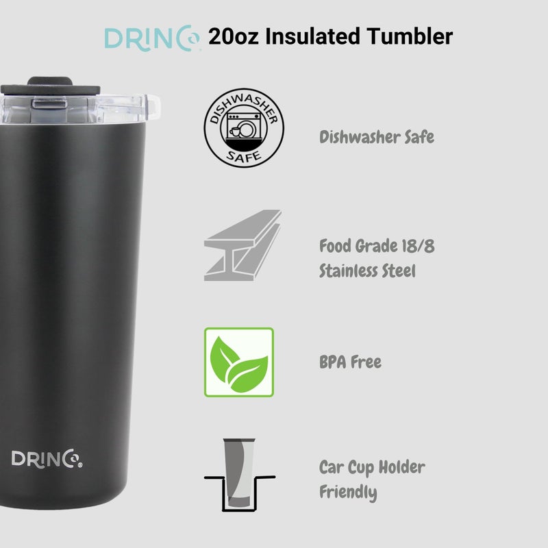 Drinco - 20 oz Stainless Steel Tumbler | Double Walled Vacuum Insulated Mug With Lid, 2 Straws, For Hot & Cold Drinks (20oz Black, 20oz) - Image 5